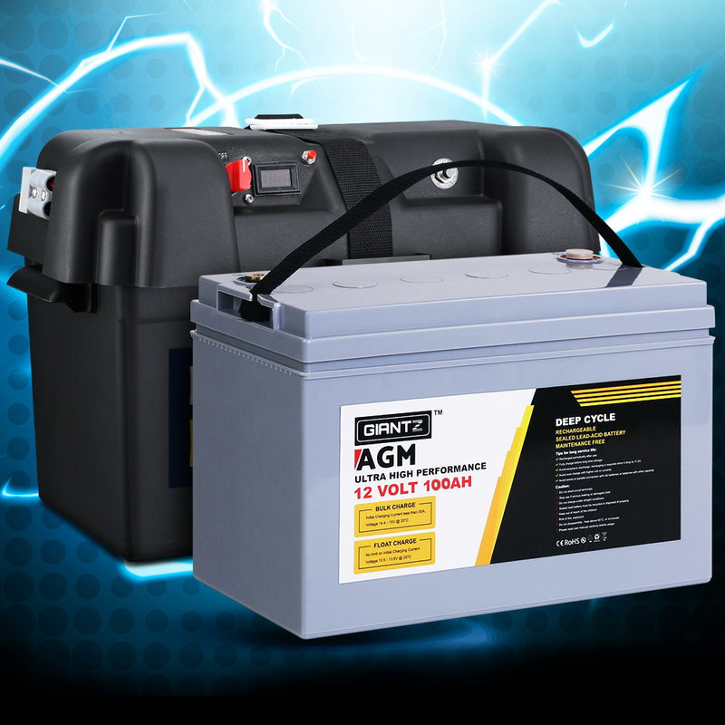 GIANTZ 100Ah Deep Cycle Battery & Battery Box 12V AGM Marine Sealed Power Solar - Sale Now