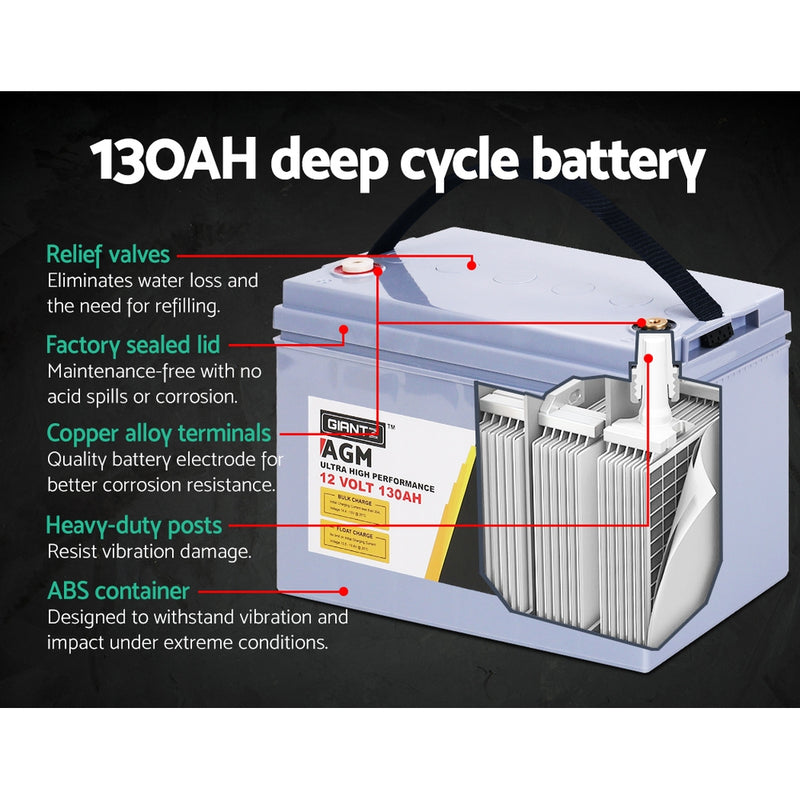 GIANTZ 130Ah Deep Cycle Battery & Battery Box 12V AGM Marine Sealed Power Solar - Sale Now