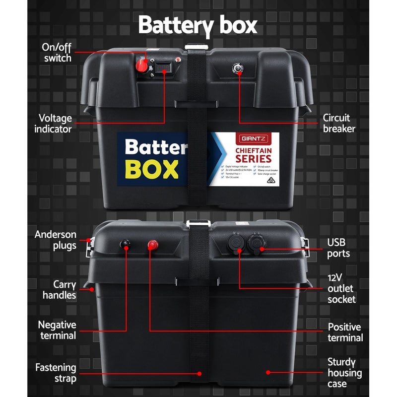 Giantz 75Ah Deep Cycle Battery & Battery Box 12V AGM Marine Sealed Power Solar Caravan 4WD Camping - Sale Now