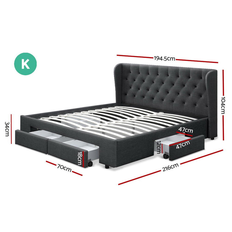 Artiss Mila Bed Frame Storage Drawers Fabric - Charcoal King - Sale Now