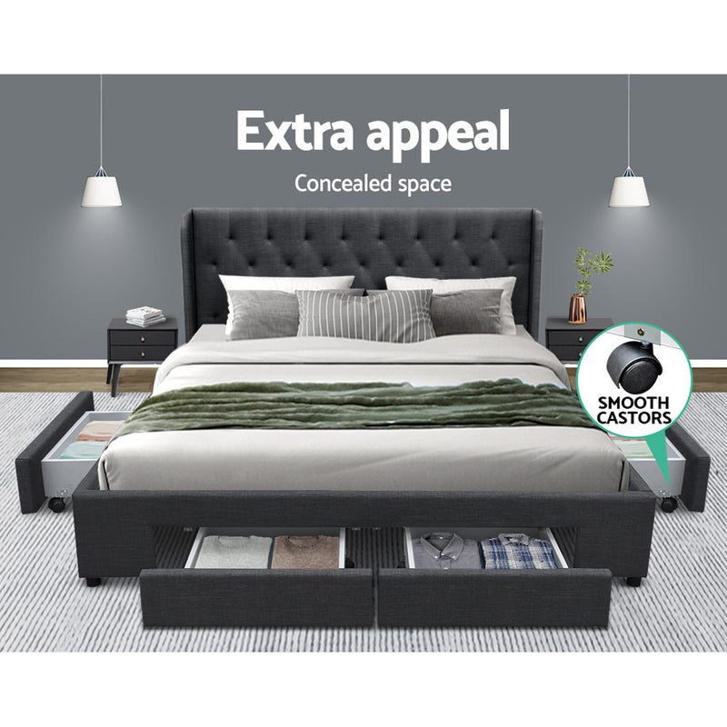 Artiss Mila Bed Frame Storage Drawers Fabric - Charcoal King - Sale Now