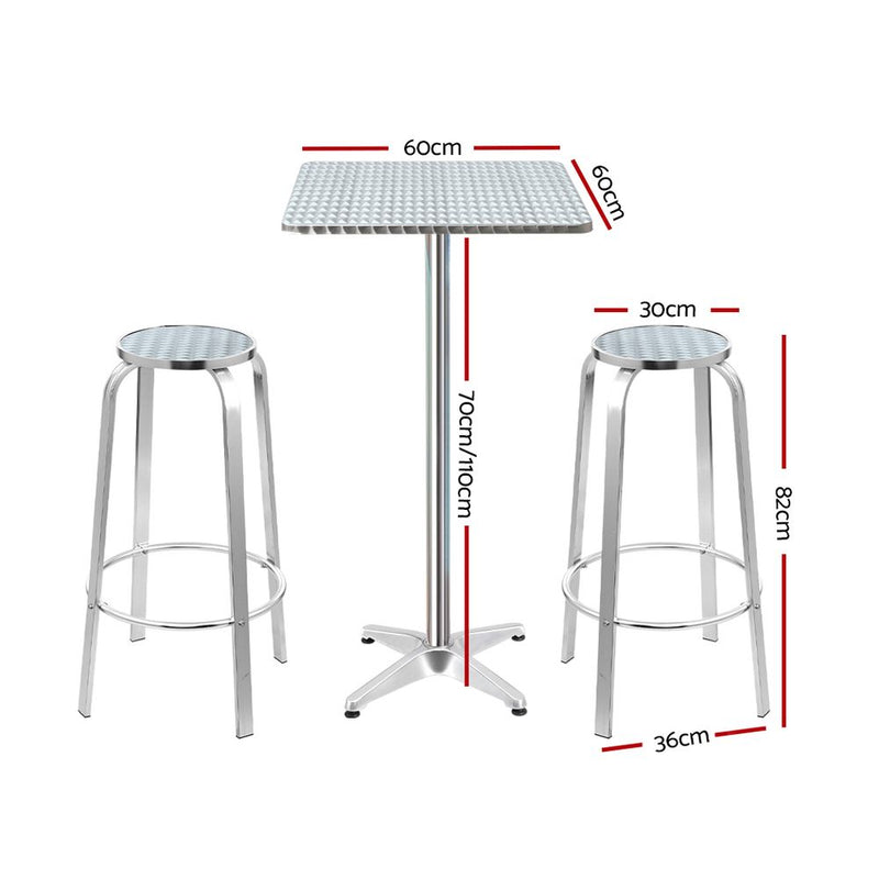 Gardeon Outdoor Bistro Set Bar Table Stools Adjustable Aluminium Cafe 3PC Square - Sale Now