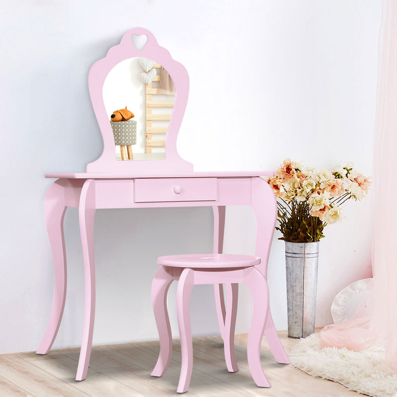 Keezi Kids Vanity Dressing Table Stool Set Mirror Drawer Children Makeup Pink - Sale Now