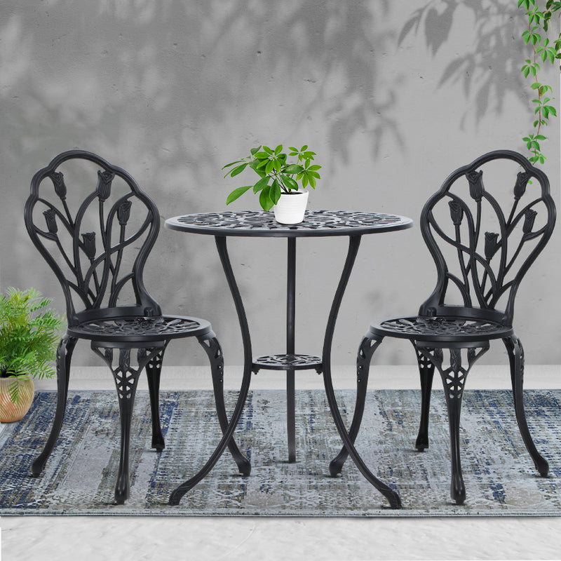 Gardeon 3PC Outdoor Setting Cast Aluminium Bistro Table Chair Patio Black - Sale Now