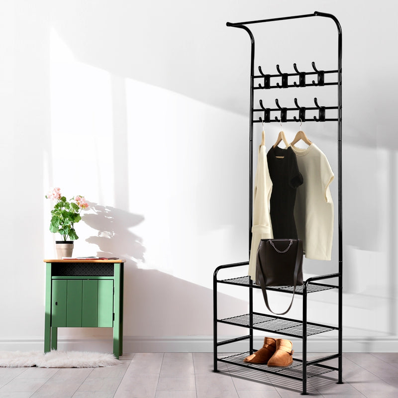 Artiss Clothes Rack Coat Stand Garment Portable Hanger Airer Organiser Shoe Storage Metal Black - Sale Now