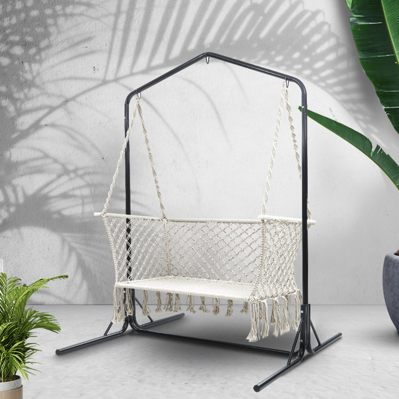Gardeon Double Swing Hammock Chair with Stand Macrame Outdoor Bench Seat Chairs - Sale Now