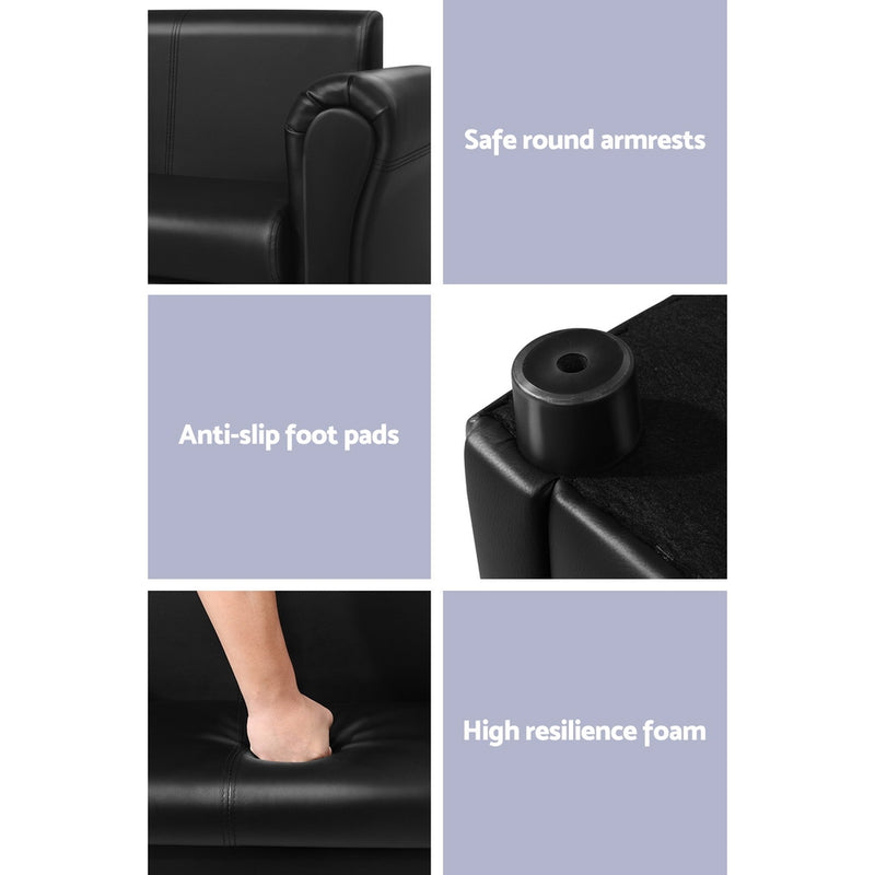 Keezi Kids Sofa Armchair Footstool Set Children Lounge Chair Couch Double Black - Sale Now