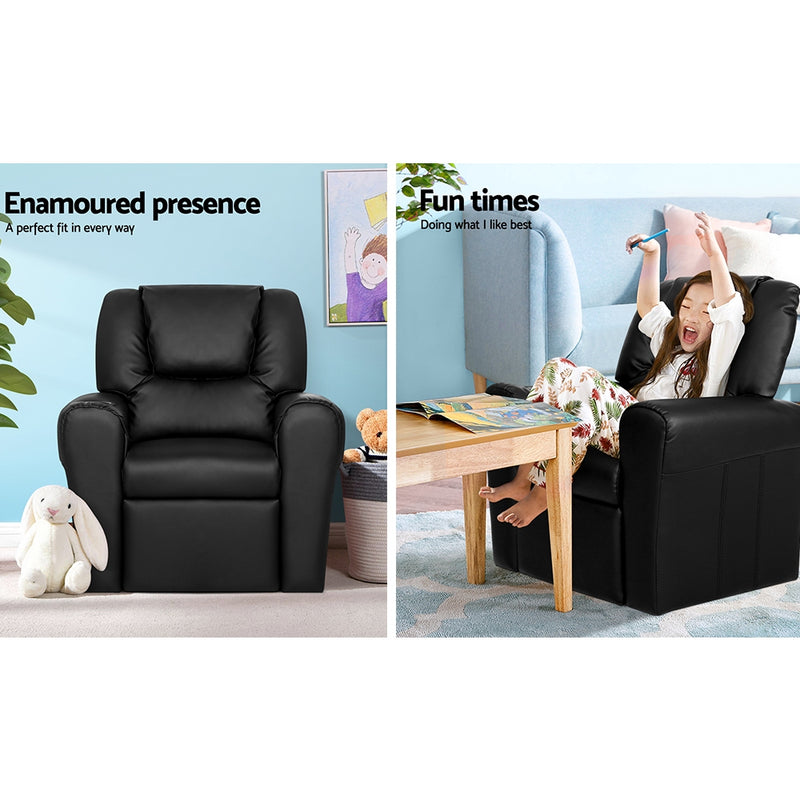 Keezi Luxury Kids Recliner Sofa Children Lounge Chair PU Couch Armchair Black - Sale Now