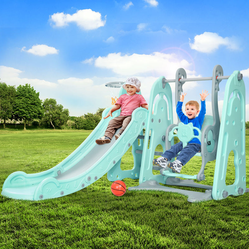 Keezi Kids Slide Swing Outdoor Indoor Playground Basketball Hoop Toddler Play Green - Sale Now