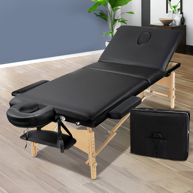 Zenses 60cm Wide Portable Wooden Massage Table 3 Fold Treatment Beauty Therapy Black - Sale Now