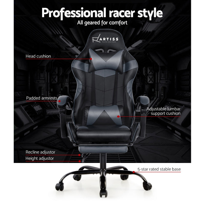 Artiss Office Chair Gaming Chair Computer Chairs Recliner PU Leather Seat Armrest Footrest Black Grey - Sale Now