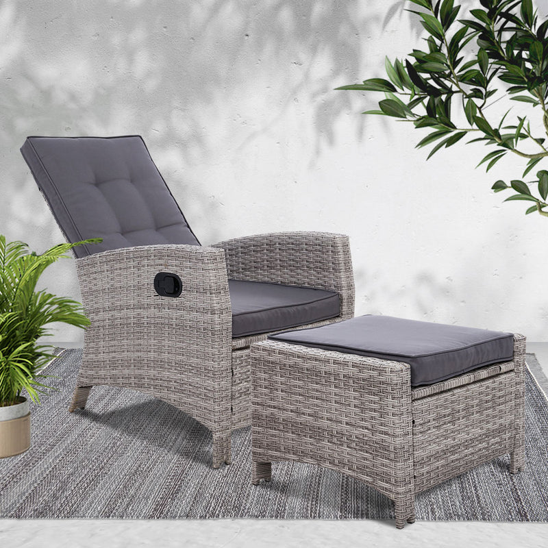 Sun lounge Recliner Chair Wicker Lounger Sofa Day Bed Outdoor Furniture Patio Garden Cushion Ottoman Grey Gardeon - Sale Now