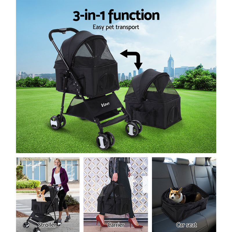 i.Pet Pet Stroller Dog Carrier Foldable Pram 3 IN 1 Middle Size Black - Sale Now