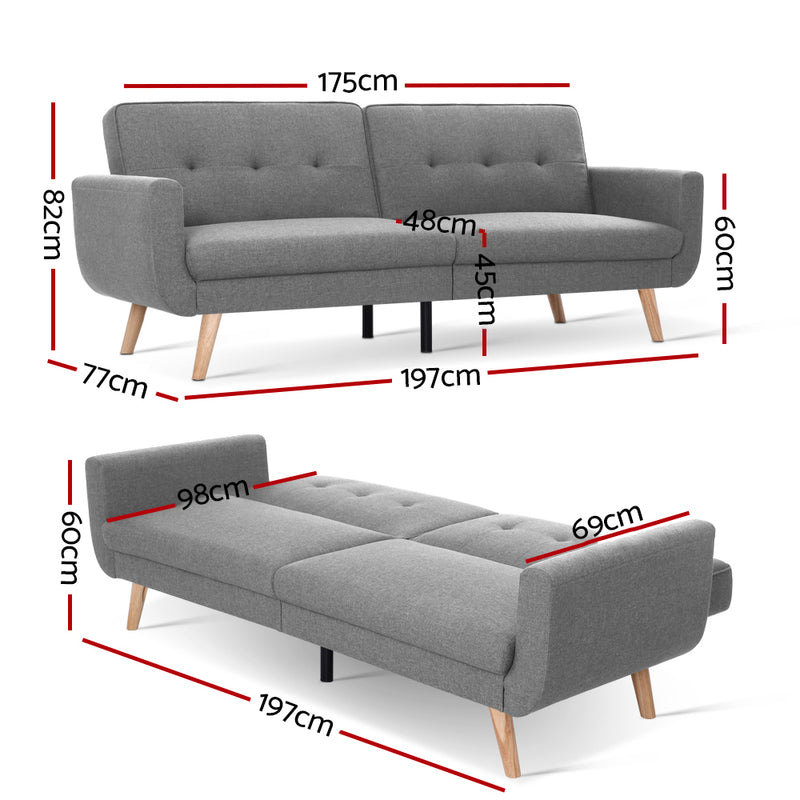 Artiss Sofa Bed Lounge Set Couch Futon 3 Seater Fabric Reliner 197cm Grey - Sale Now