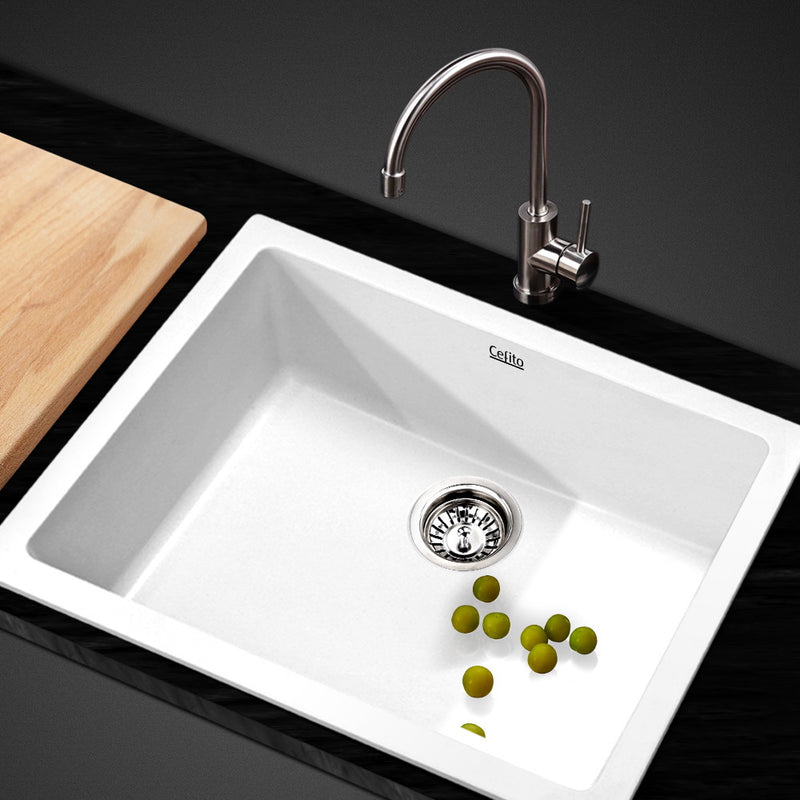 Cefito Stone Kitchen Sink 610X470MM Granite Under/Topmount Basin Bowl Laundry White - Sale Now
