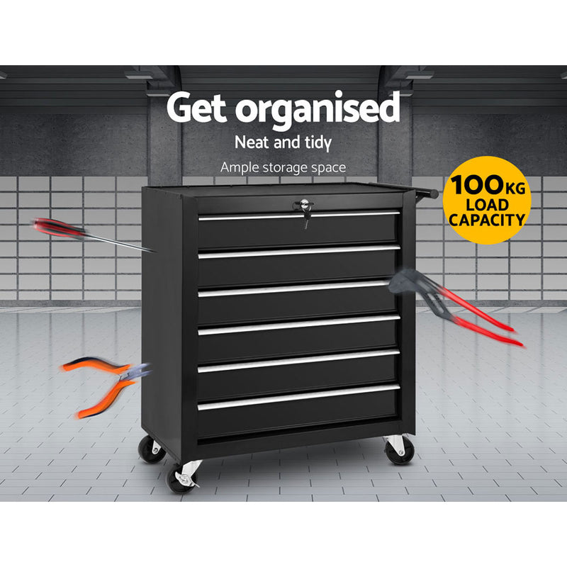 Giantz Tool Box Trolley Chest Cabinet 6 Drawers Cart Garage Toolbox Set Black - Sale Now