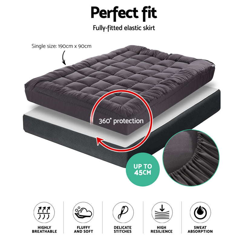 Giselle Single Mattress Topper Pillowtop 1000GSM Charcoal Microfibre Bamboo Fibre Filling Protector - Sale Now