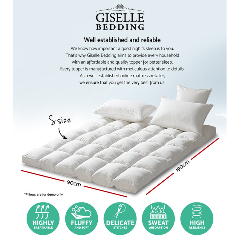 Giselle Single Mattress Topper Pillowtop 1000GSM Microfibre Filling Protector - Sale Now