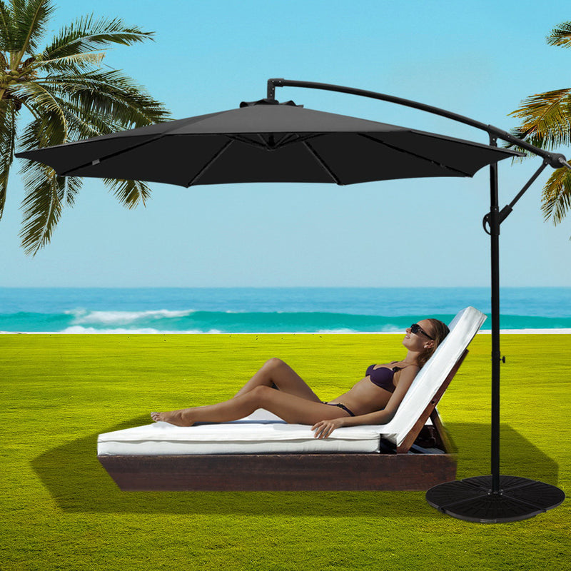 Instahut 3M Umbrella with 48x48cm Base Outdoor Umbrellas Cantilever Sun Beach Garden Patio Black - Sale Now