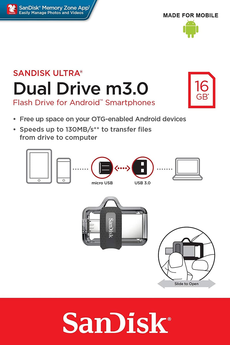 SANDISK OTG ULTRA DUAL USB DRIVE 3.0 FOR ANDRIOD PHONES 16GB 130MB/s  SDDD3-016G - Sale Now