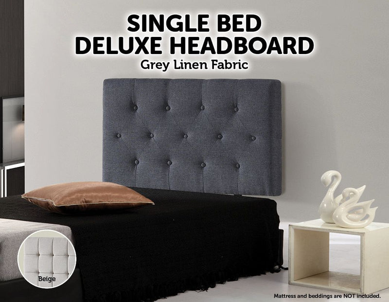 Linen Fabric Single Bed Deluxe Headboard Bedhead - Grey - Sale Now