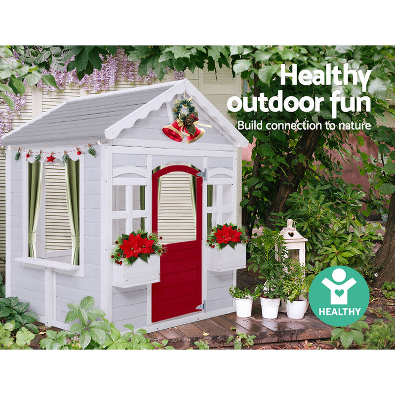 Kids Wooden Cubby House with Floor Outdoor Childrens Pretend Play - Sale Now