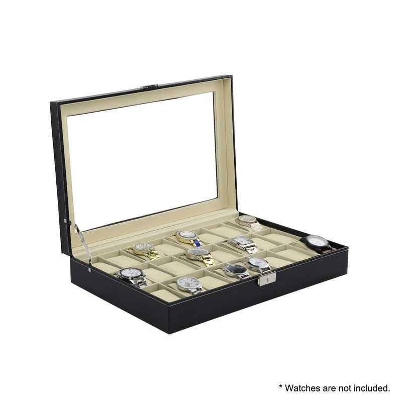 Watch Box - 24 Slot Luxury Display Case With Framed Glass Lid - Sale Now