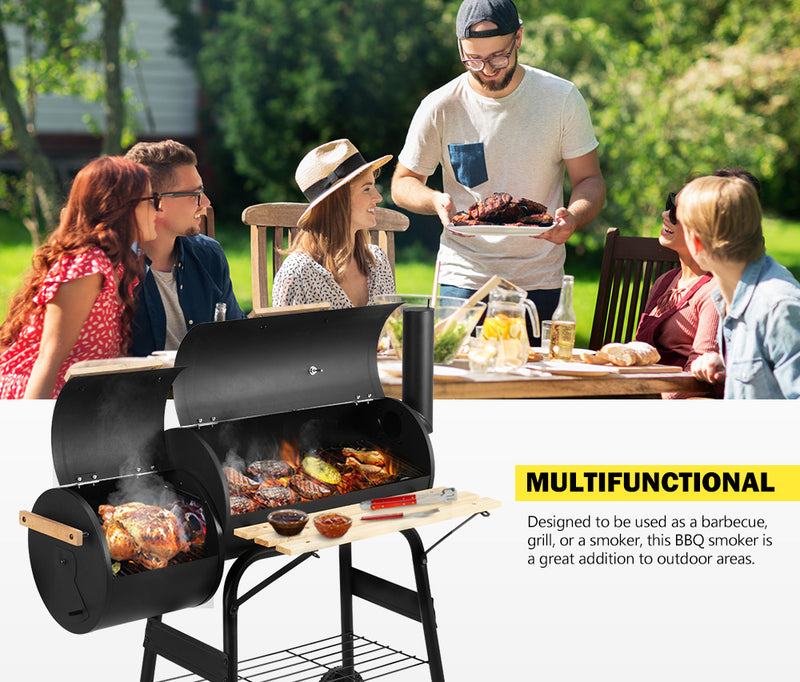2 in 1 BBQ Smoker Charcoal Grill Roaster Portable Offset Camping Outdoor Barbecue - Sale Now