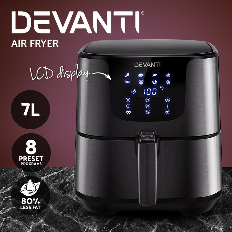 Devanti Air Fryer 7L LCD Fryers Oven Airfryer Kitchen Healthy Cooker Stainless Steel - Sale Now