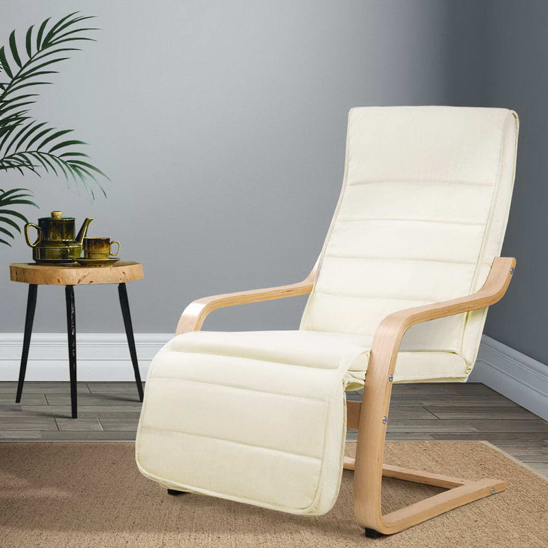 Artiss Fabric Armchair with Adjustable Footrest - Beige - Sale Now