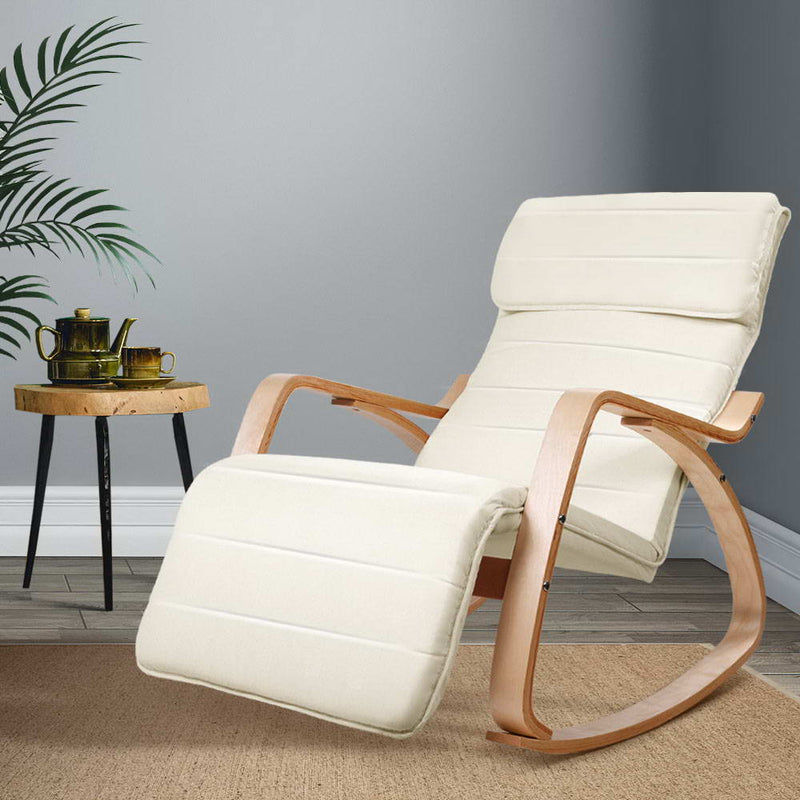Artiss Fabric Rocking Armchair with Adjustable Footrest - Beige - Sale Now