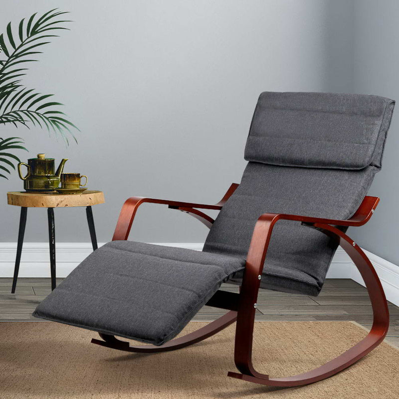 Artiss Fabric Rocking Armchair with Adjustable Footrest - Charcoal - Sale Now