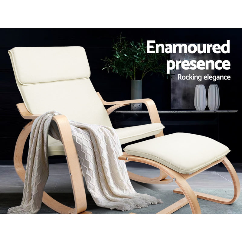 Artiss Wooden Armchair with Foot Stool - Beige - Sale Now