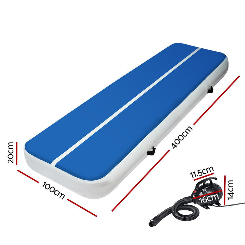 Everfit 4X1M Inflatable Air Track Mat 20CM Thick with Pump Tumbling Gymnastics Blue - Sale Now