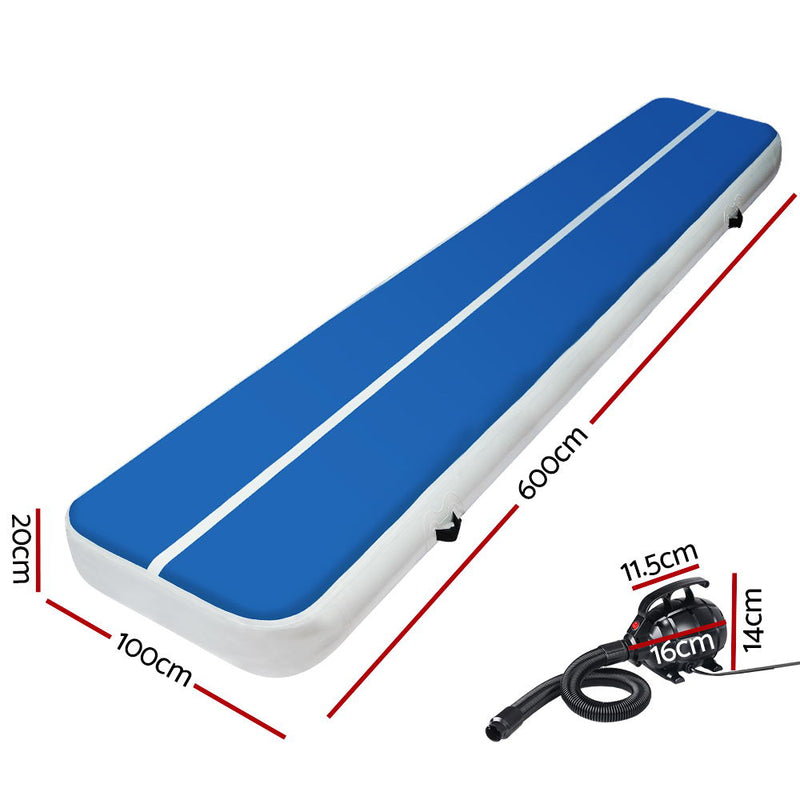 Everfit 6X1M Inflatable Air Track Mat 20CM Thick with Pump Tumbling Gymnastics Blue - Sale Now