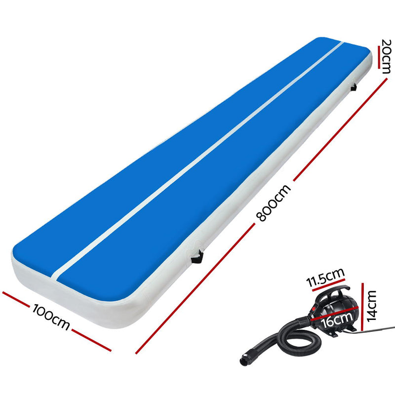 Everfit 8X1M Inflatable Air Track Mat 20CM Thick with Pump Tumbling Gymnastics Blue - Sale Now