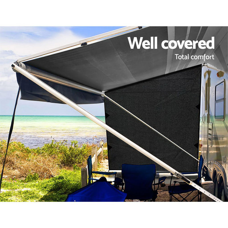Black Caravan Privacy Screen 1.95 x 2.2M End Wall or Side Sun Shade Roll Out - Sale Now