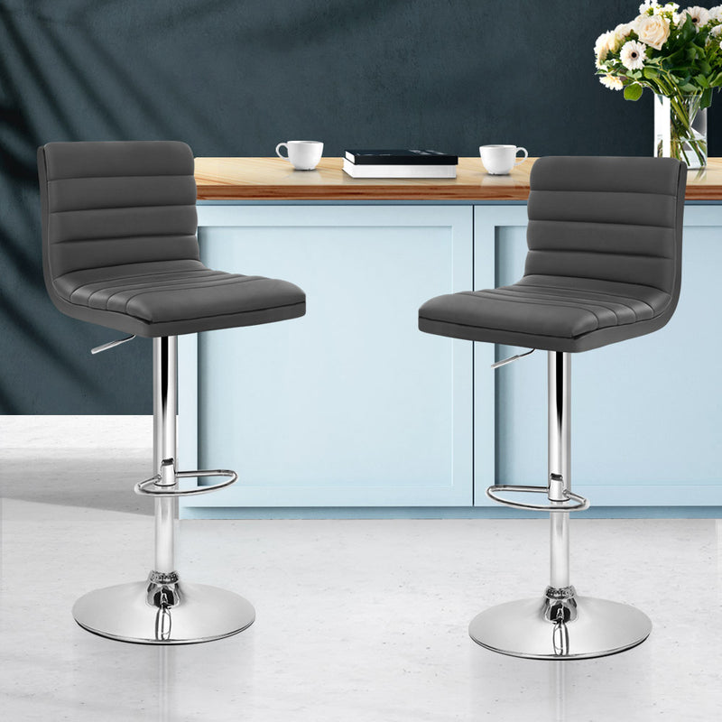 Artiss Set of 2 PU Leather Lined Pattern Bar Stools- Grey and Chrome - Sale Now