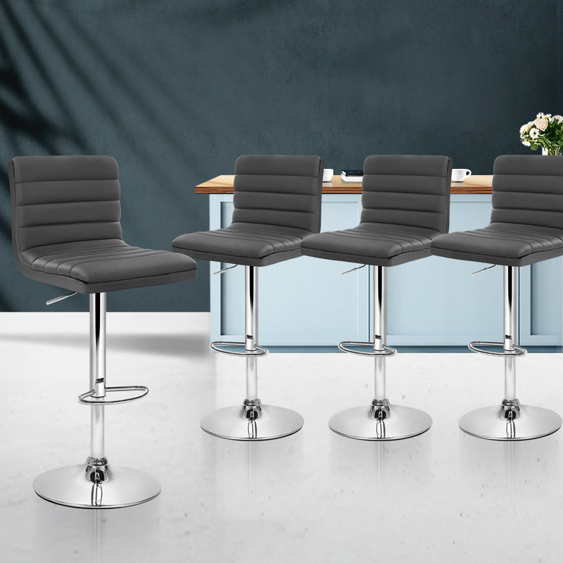 Artiss Set of 4 PU Leather Lined Pattern Bar Stools- Grey and Chrome - Sale Now