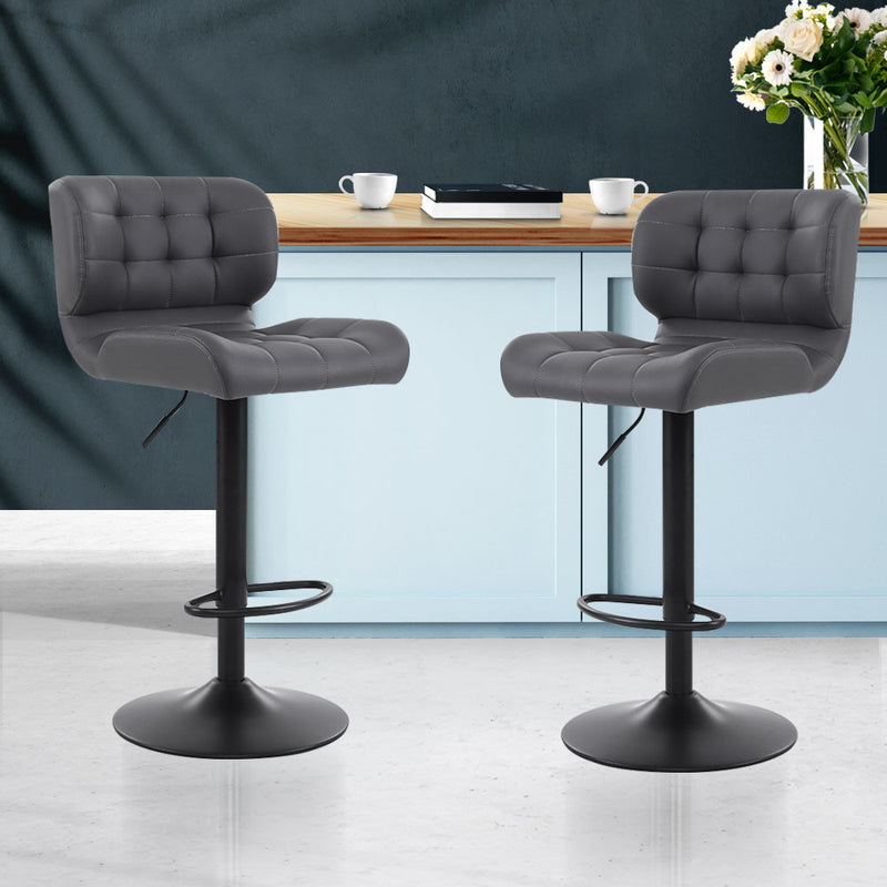 Artiss Set of 2 Kitchen Bar Stools Gas Lift Plush PU Leather - Black and Grey - Sale Now