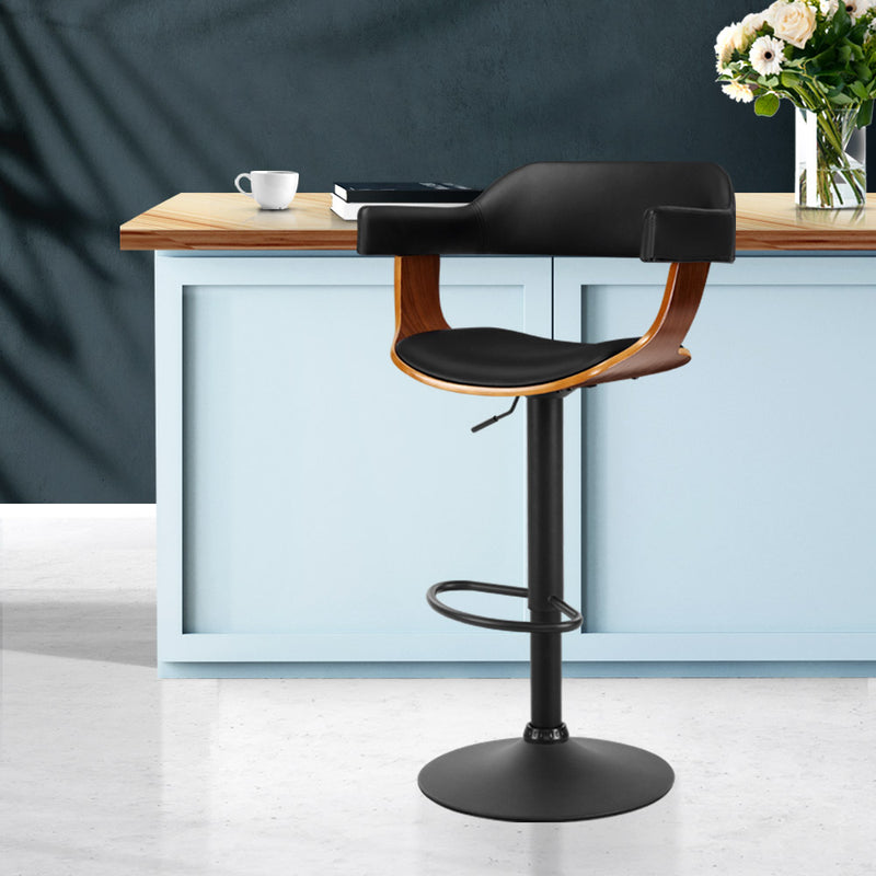 Artiss Bar Stool Curved Gas Lift PU Leather - Black and Wood - Sale Now