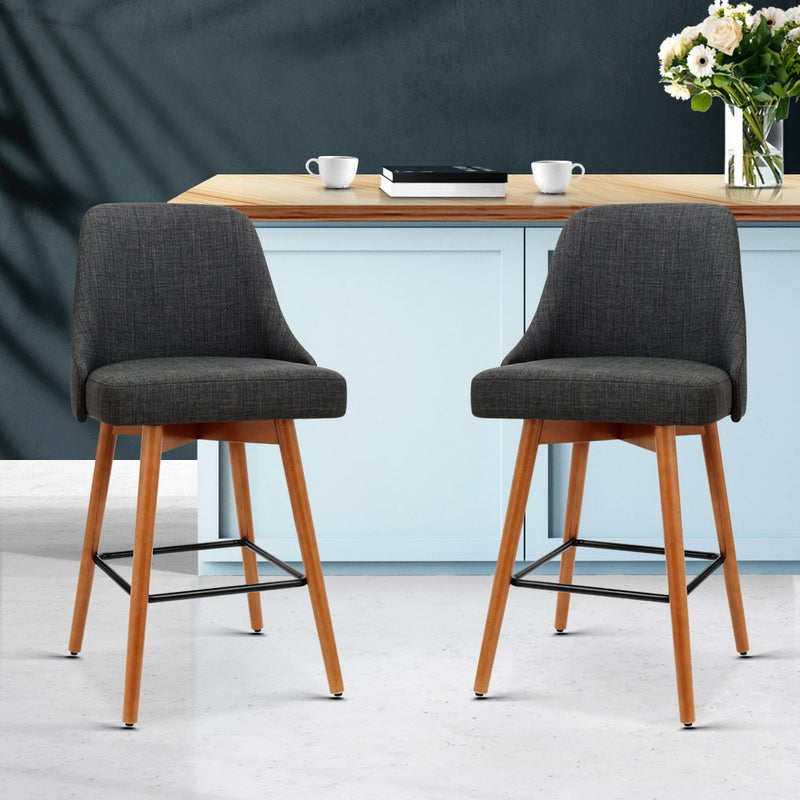 Artiss Set of 2 Wooden Fabric Bar Stools Square Footrest - Charcoal - Sale Now