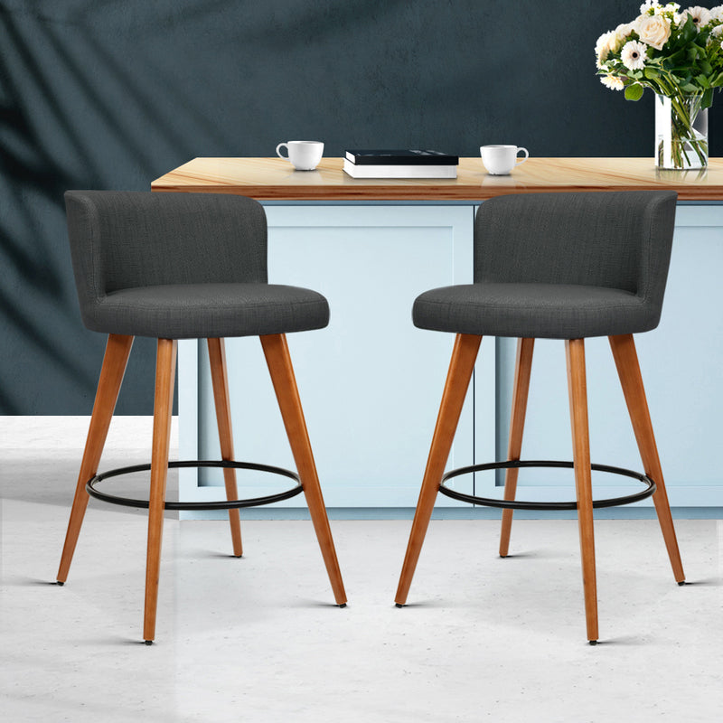 Artiss Set of 2 Wooden Fabric Bar Stools Circular Footrest - Charcoal - Sale Now