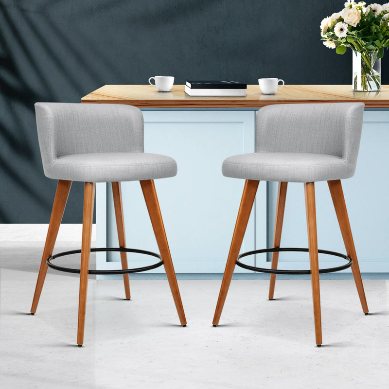 Artiss Set of 2 Wooden Fabric Bar Stools Circular Footrest - Light Grey - Sale Now