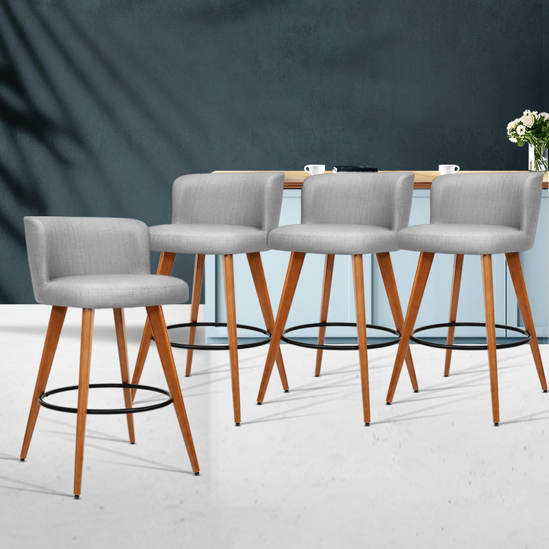 Artiss Set of 4 Wooden Fabric Bar Stools Circular Footrest - Light Grey - Sale Now