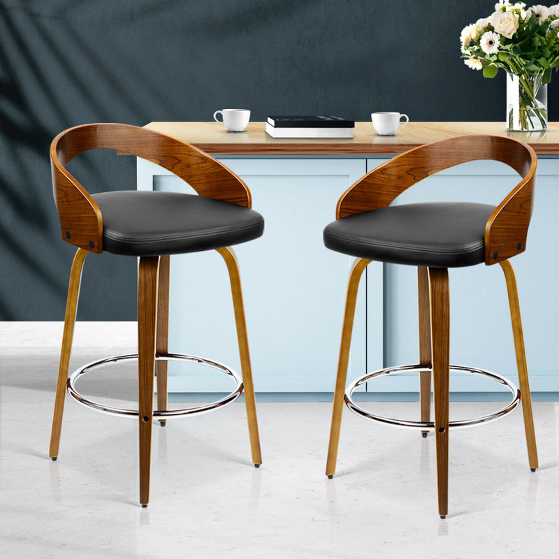 Artiss Set of 2 Walnut Wood Bar Stools - Black and Brown - Sale Now