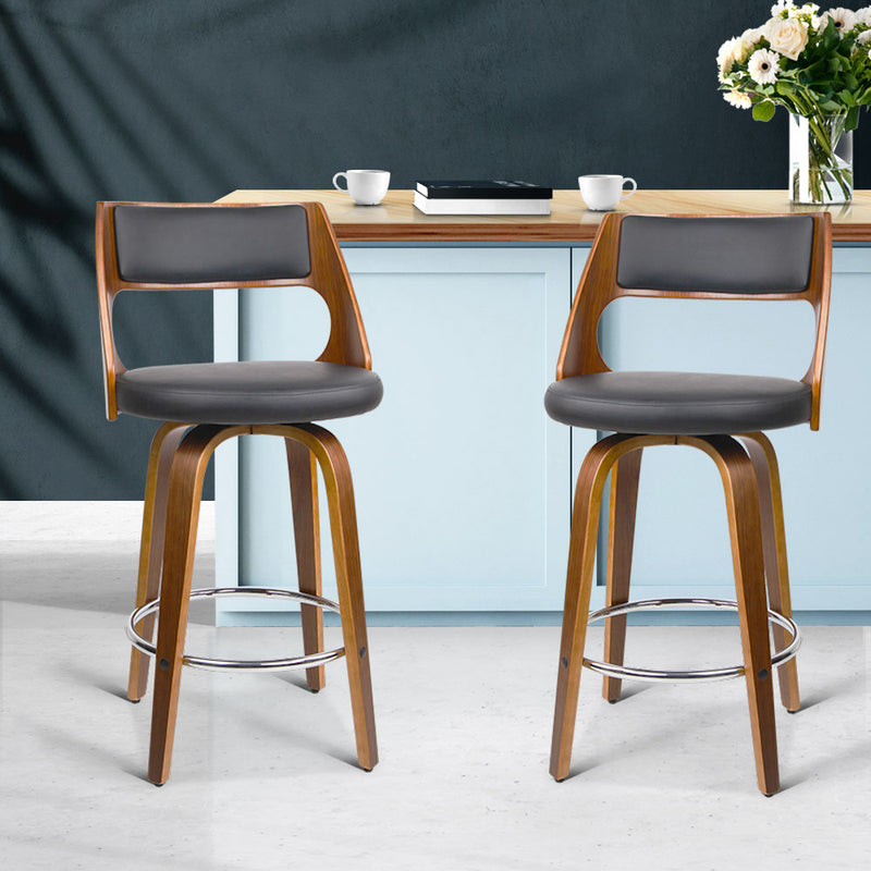 Artiss Set of 2 Wooden Bar Stools PU Leather - Black and Wood - Sale Now