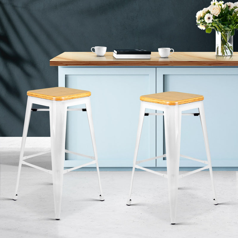 Artiss Set of 2 Metal and Bamboo Bar Stools - White - Sale Now