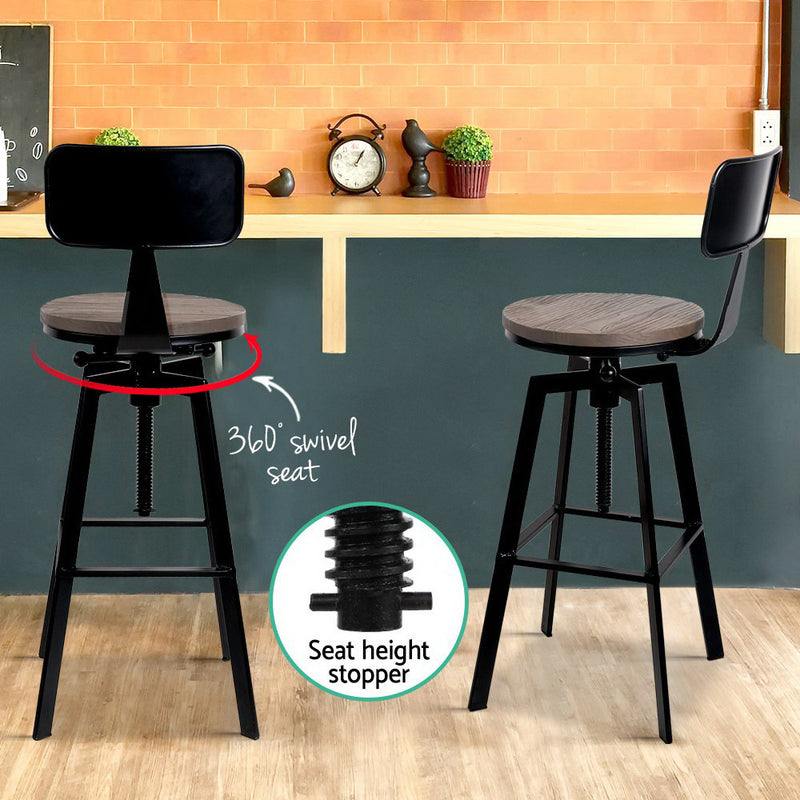Artiss Set of 2 Rustic Industrial Style Metal Bar Stool - Black and Wood - Sale Now