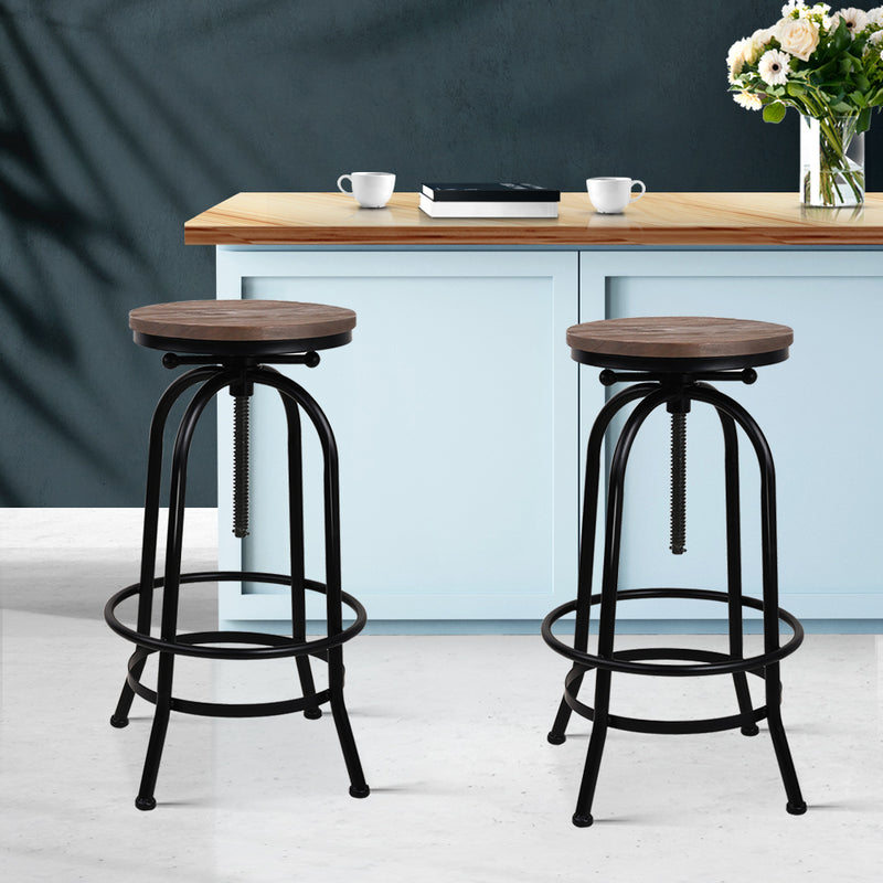 Artiss Set of 2 Bar Stool Industrial Round Seat Wood Metal - Black and Brown - Sale Now